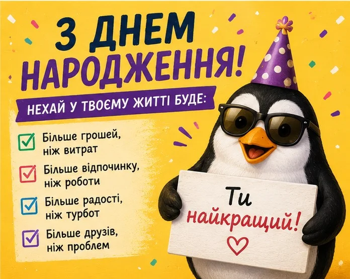 Весела, яскрава листівка з пінгвіном у яскравому ковпачку та простими, теплими словами