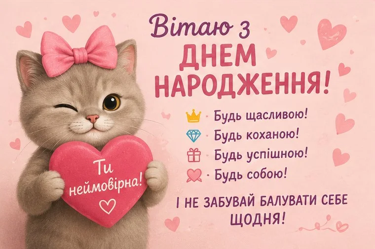 Ніжна рожева листівка для жінки з милим котиком, що тримає серце, та приємними побажаннями