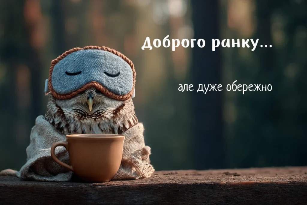 Сонна сова з чашкою кави та маскою для сну