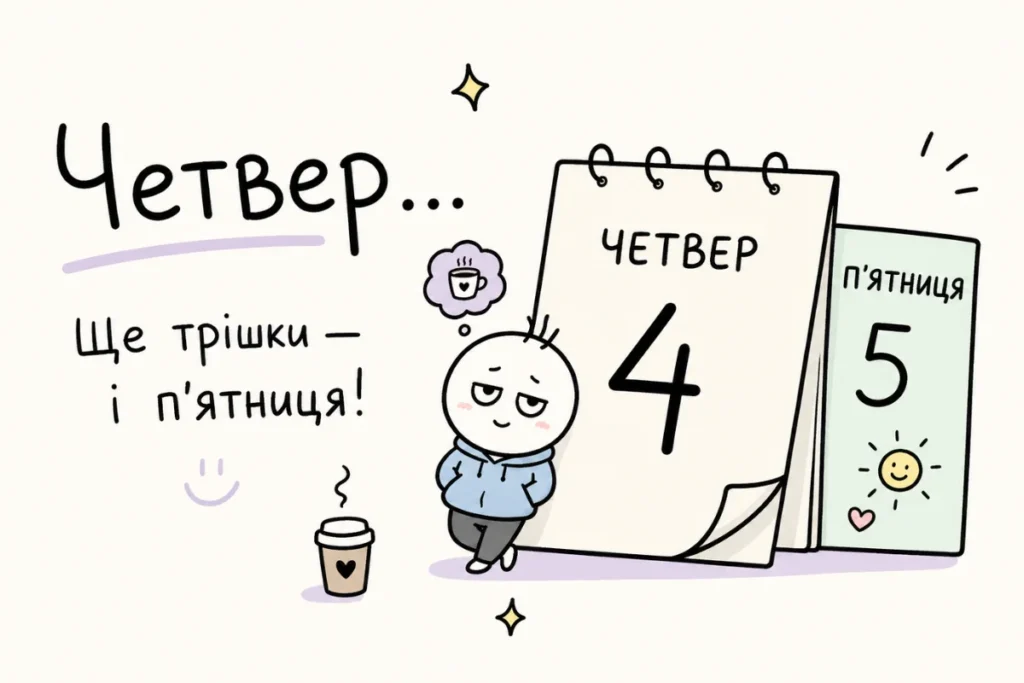 Кумедний персонаж чекає п’ятницю з кавою біля календаря