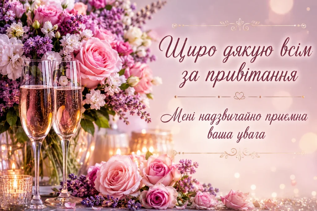 Келихи з шампанським та квіти для подяки за привітання