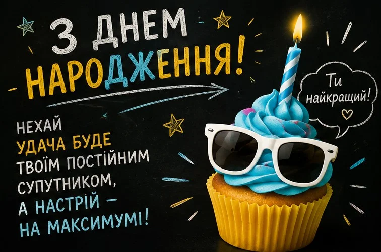 Весела листівка для чоловіка з тістечком та прикольним побажанням