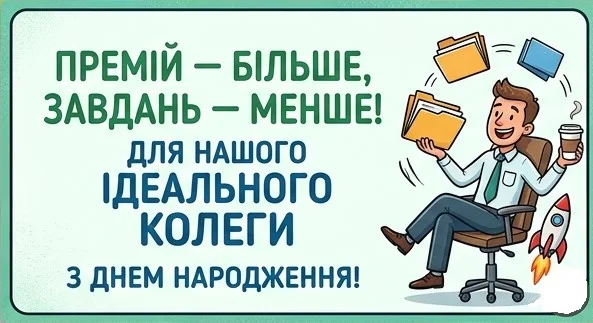 Листівка для колеги з актуальними побажаннями збільшення зарплати та зменшення роботи