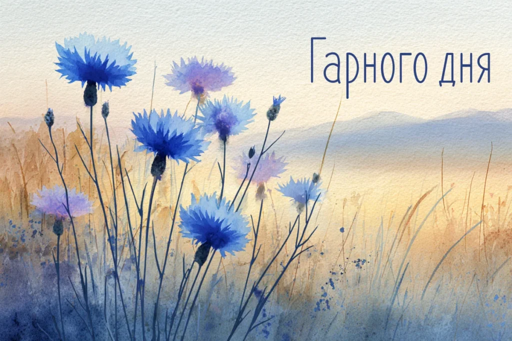 Акварельні сині квіти на фоні з побажанням гарного дня