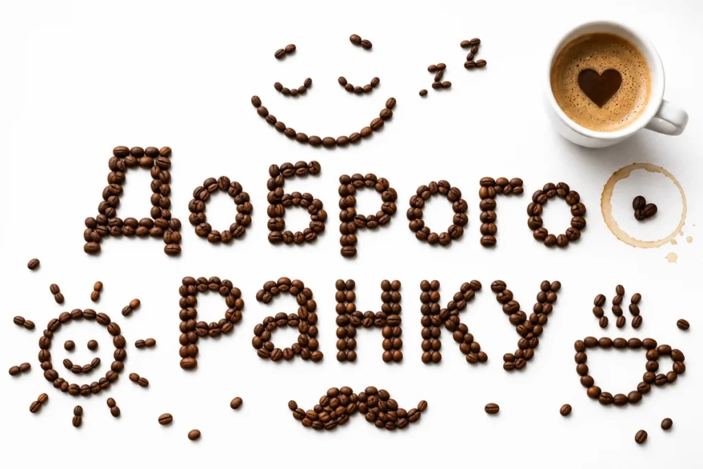 Напис “Доброго ранку” викладений кавовими зернами на білому фоні