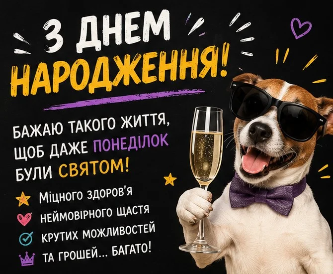 Універсальна листівка для чоловіка з крутим псом у чорних окулярах з бокалом шампанського та найважливішими побажаннями