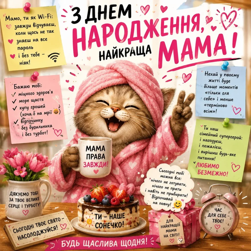 Яскрава листівка для мами, сповнена приємними словами вдячності та побажаннями