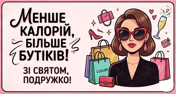 Весела листівка для подруги з натяком на одвічну боротьбу із зайвою вагою та любов до покупок