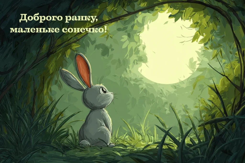 Маленький зайчик дивиться на сонце в лісі вранці