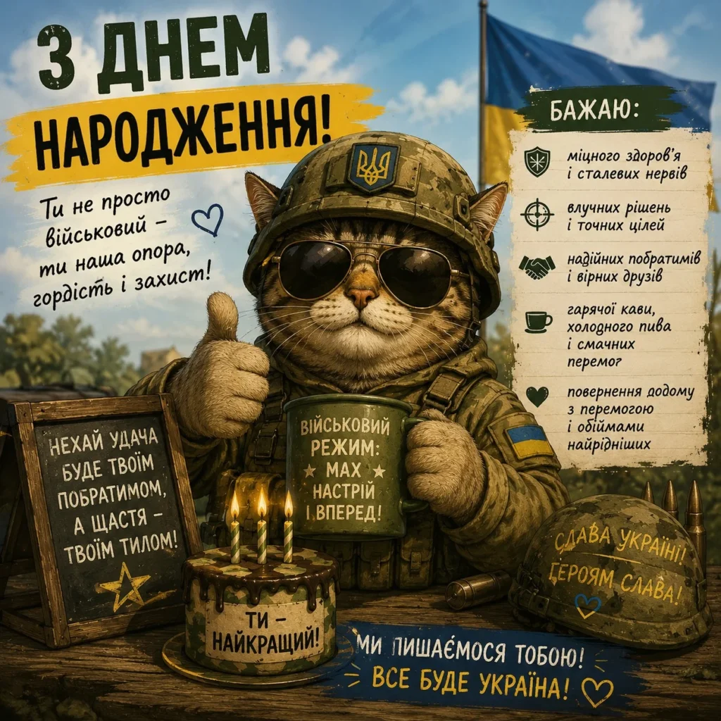 Прикольна листівка для військового з тонким гумором, словами гордості та подяки