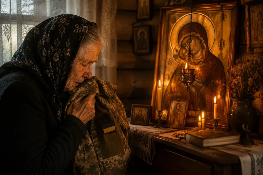Мати молиться за загиблого на війні сина