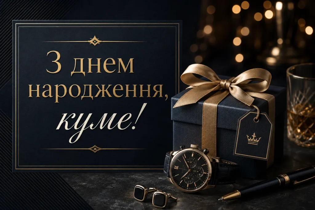 строга вишукана картинка в чорних тонах з написом “З днем народження, куме!”