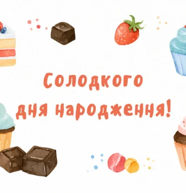 Святкова листівка з кексами, солодощами та привітанням