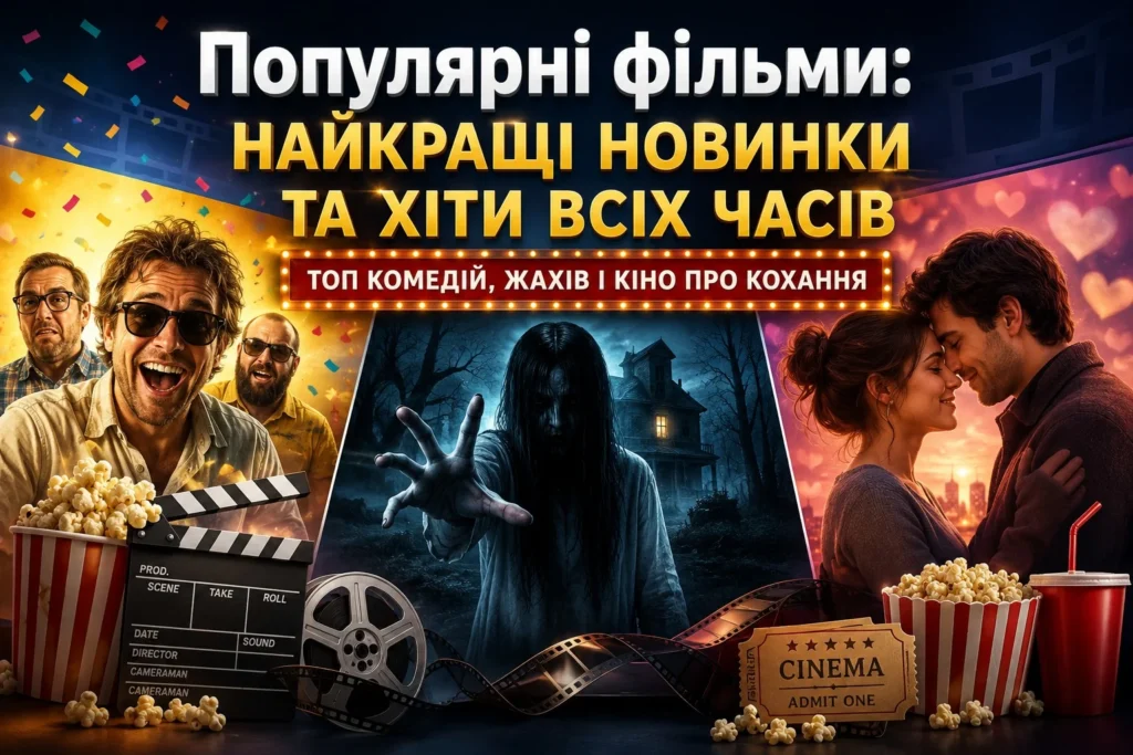 Колаж «Популярні фільми: найкращі новинки та хіти всіх часів» із героями комедії, жахів і романтичного кіно, попкорном, кіноплівкою та квитком