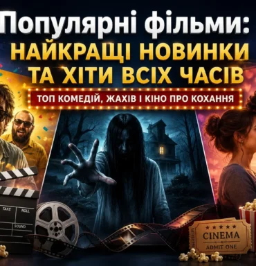 Колаж «Популярні фільми: найкращі новинки та хіти всіх часів» із героями комедії, жахів і романтичного кіно, попкорном, кіноплівкою та квитком