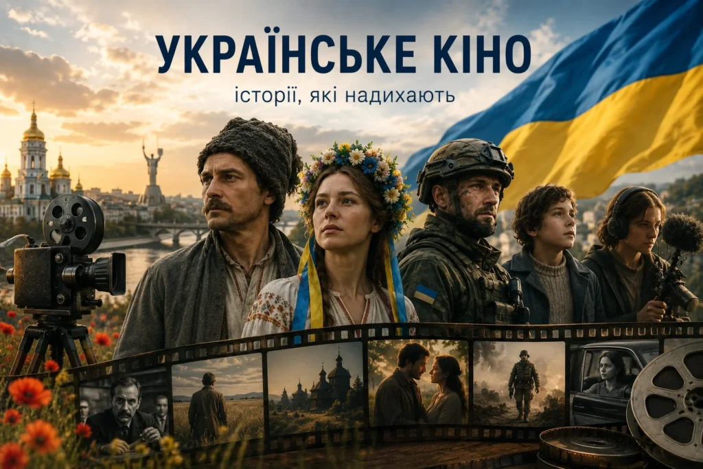 Колаж про українське кіно з акторами в історичних і військових образах, кінокамерою, плівкою та синьо-жовтим прапором України