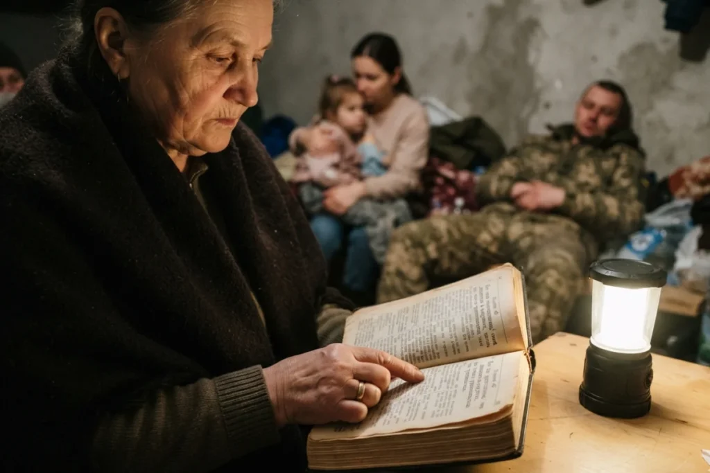 Літня жінка читає Біблію при ліхтарі в укритті, поруч сім'я й військовий
