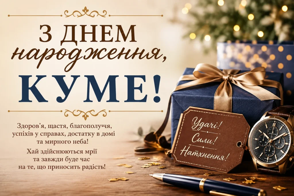листівка з подарунком та привітаннями «З днем народження, куме!»