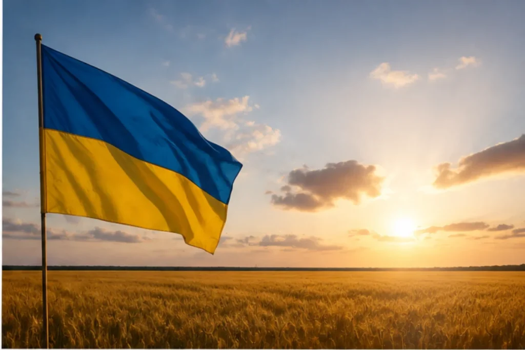 Український прапор над пшеничним полем на заході сонця