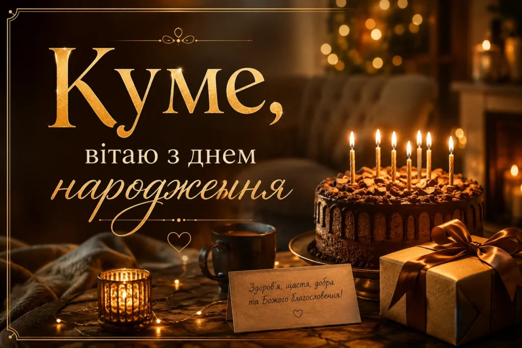 листівка з тортом і подарунком на день народження куму